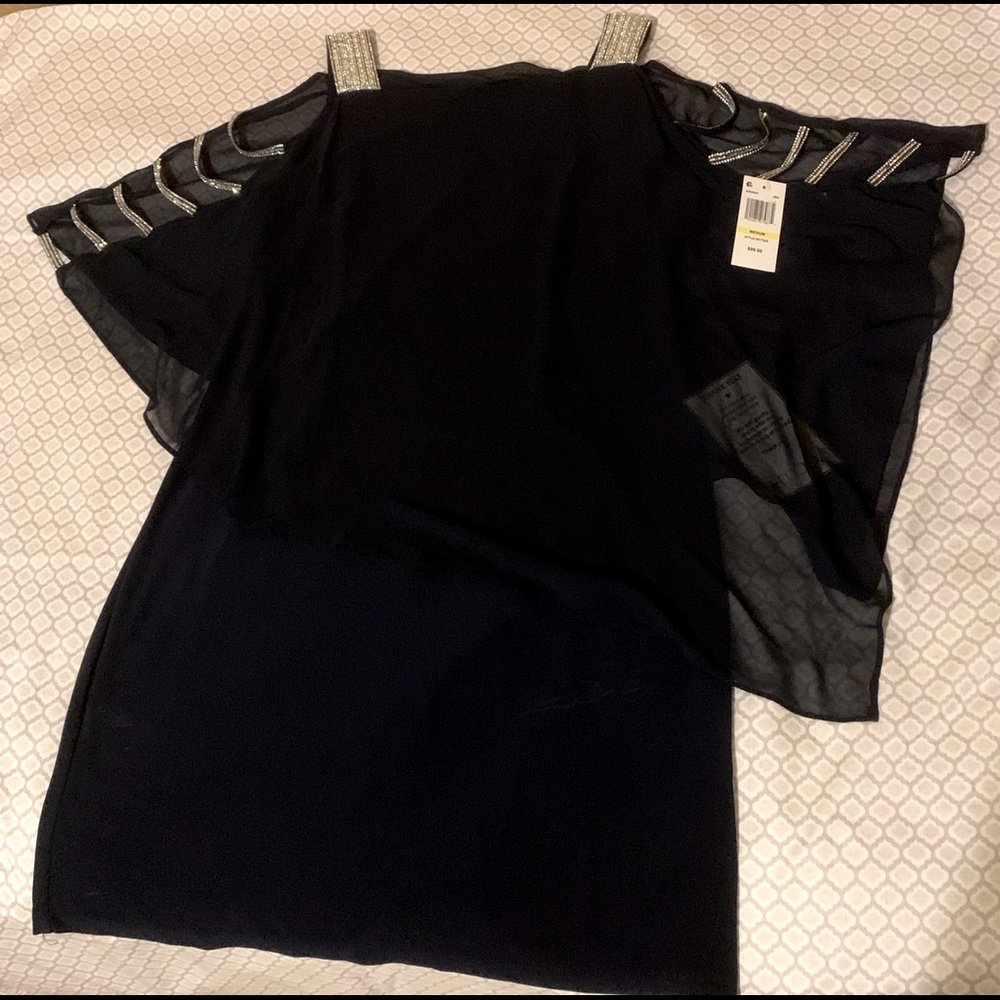 Navy Blue Tank Dress with Asymmetrical Sheer Overlay and Rhinestone Details.
